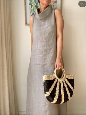Francesca Bettini Sleeveless A-Line Linen Dress Cowel Neck sand in colour small
